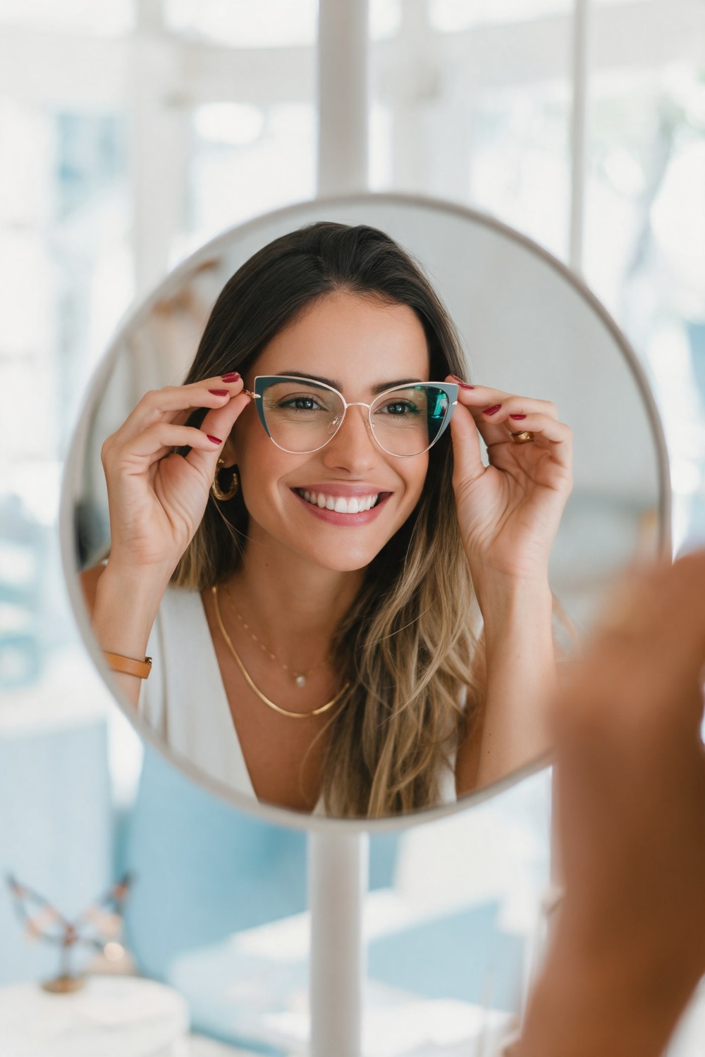 Mulher sorrindo ao provar uma armação de óculos em frente ao espelho